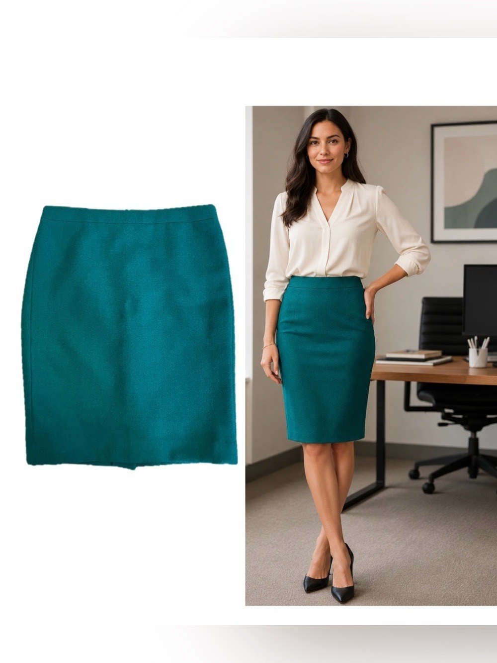 J.Crew aquamarine dark teal wool No. 2 Pencil Skirt Sz 8T business office classy